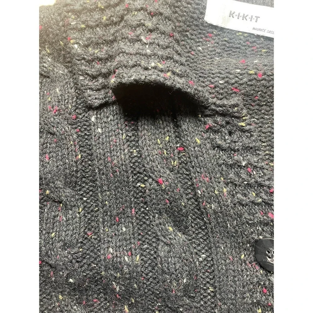 Kikit Chunky Knit Cardigan M Black Speckled Cable Button Front‎ Cozy